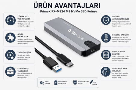 PrimeX PX-M224 M2 NVMe SSD Kutusu, TypeC-USB3.1/3.2 NVMe SSD Kutusu, Harici USB-C PCIe NVMe M.2 SSD Hdd Kutusu, Alüminyum Harici SSD Kutu