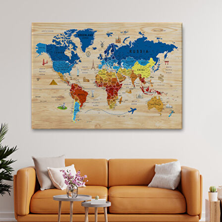 Harita Sepeti Ahşap Görünümlü Dünya Haritası Sembollü Eğitici Dekoratif Kanvas Tablo 2892