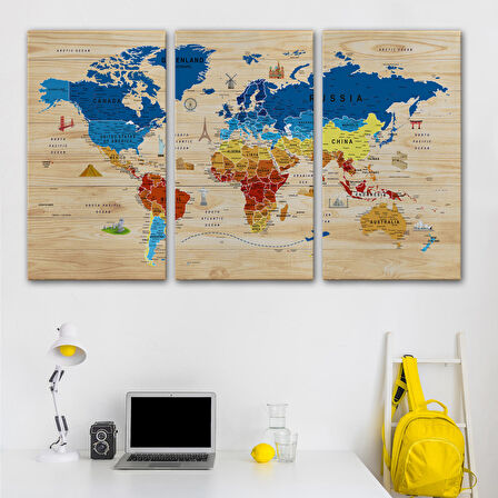 Harita Sepeti Ahşap Görünümlü Dünya Haritası Sembollü Eğitici Dekoratif Kanvas Tablo 2892