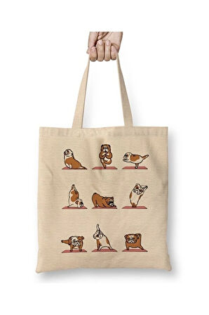 Bulldog Yoga Pug Köpek Bez Çanta Uzun Saplı Alışveriş Çantası Plaj Çantası