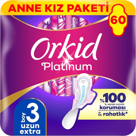 Orkid Platinum Hijyenik Ped Anne Kız Paketi Uzun Extra (Boy 3) Dev Ekonomik Paket 60 Adet Ped