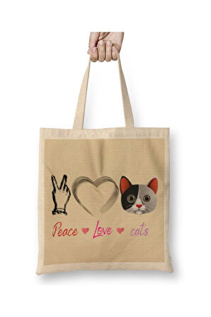 Peace Love Cats Beyaz Bez Çanta Uzun Saplı Alışveriş Çantası Plaj Çantası