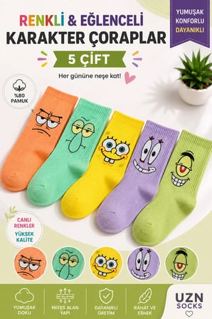 5 çift renkli desenli kolej çorap renkli spor soket çorap unisex günlük çorap