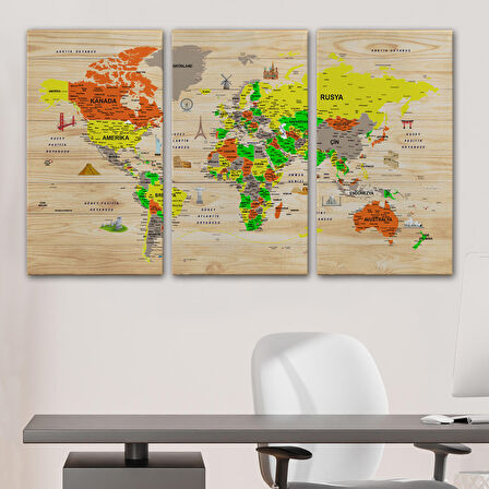 Harita Sepeti Ahşap Görünümlü Türkçe Dünya Haritası Sembollü Eğitici Dekoratif Kanvas Tablo 2893