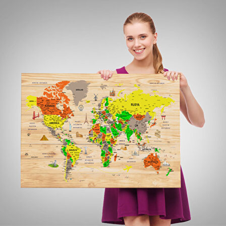 Harita Sepeti Ahşap Görünümlü Türkçe Dünya Haritası Sembollü Eğitici Dekoratif Kanvas Tablo 2893