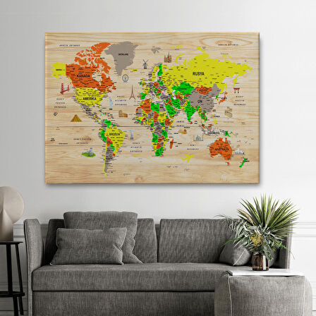 Harita Sepeti Ahşap Görünümlü Türkçe Dünya Haritası Sembollü Eğitici Dekoratif Kanvas Tablo 2893