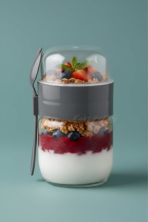 Kaşıklı Çatallı Cam Öğün Bardağı - Yemek Taşıma Ve Saklama Kabı - Müsli Kabı 625 Ml Antrasit, 7480000717855