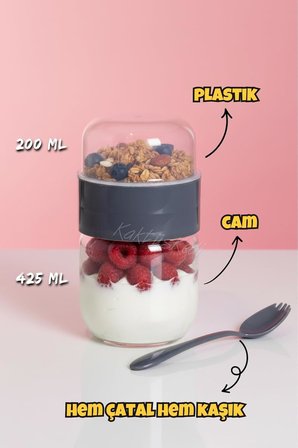 Kaşıklı Çatallı Cam Öğün Bardağı - Yemek Taşıma Ve Saklama Kabı - Müsli Kabı 625 Ml Antrasit, 7480000717855