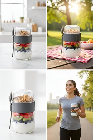 Kaşıklı Çatallı Cam Öğün Bardağı - Yemek Taşıma Ve Saklama Kabı - Müsli Kabı 625 Ml Antrasit, 7480000717855