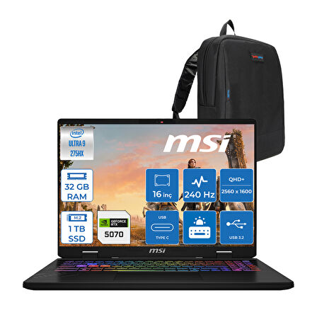 Msı Crosshaır 16 Hx Aı WD2XWGKG Intel Core Ultra 9-275HX  Aı 32GB GB 1tb SSD 8GB/RTX5070 115W 16″ 16:10 QHD+(2560 x 1600), 240Hz IPS Freedos Taşınabilir Bilgisayar W047XTRF11+ZETTAÇANTA