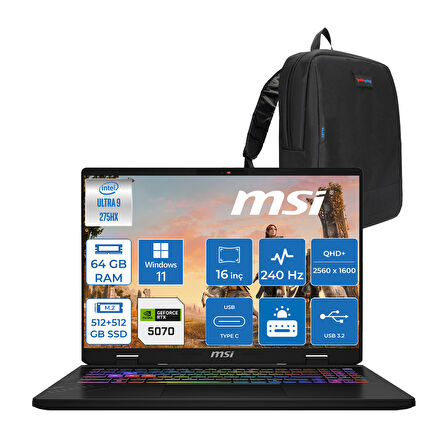 Msı Crosshaır 16 Hx Aı WD2XWGKG Intel Core Ultra 9-275HX  Aı 64GB GB 512GB SSD+512GB SSD 8GB/RTX5070 115W 16″ 16:10 QHD+(2560 x 1600), 240Hz IPS WIN11PRO Gaming Laptop W047XTRW26+ZETTAÇANTA