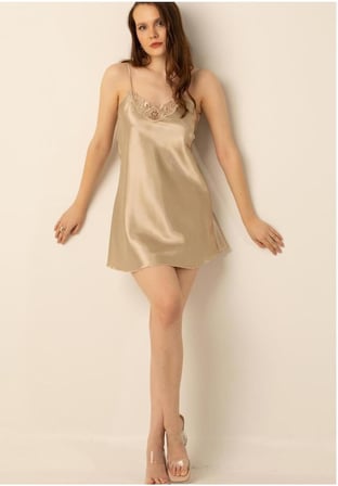 Ince Askılı Güpürlü Mini Saten Gecelik Yeni Sezon (1 Adet Ekonomik),Taş Xl/2Xl