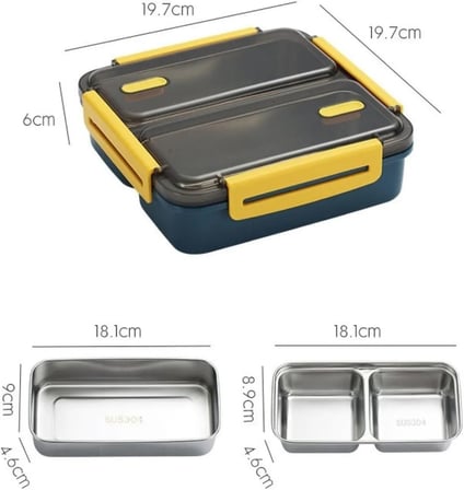 Vagonlife Bento 950ml Lunchbox Tek Katlı 3 Bölmeli Çelik Sefer Tası Yemek Kutusu (Lacivert-Sarı)