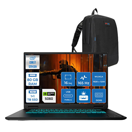 Gıgabyte Gamıng A16CVH Intel® Core™ I7-13620H Ddr5 80GB 1tb+1tb SSD 16INÇ 8GB/RTX5060 IPS Wuxga (1920X1200) 165Hz, 300NITS Freedos Gaming Laptop WA16CVHF36+ZETTAÇANTA
