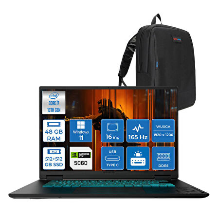 Gıgabyte Gamıng A16CVH Intel® Core™ I7-13620H Ddr5 48GB 512GB SSD+512GB SSD  16INÇ 8GB/RTX5060 IPS Wuxga (1920X1200) 165Hz, 300NITS WINDOWS11HOME Gaming Laptop WA16CVHH18+ZETTAÇANTA