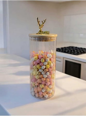 (9X20 Cm) 2 Adet Geyikli Cam Saklama Kavanozu Geyik Başı Altın Renk Hava Geçirmez Y-442,Şeffaf