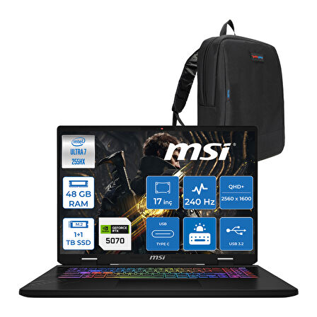 Msı Crosshaır 17 Hx Aı WD2XWGKG Intel Core Ultra 7-255HX  Aı 48GB GB 1tb Ssd+1tb SSD 8GB/RTX5070 115W 17″ 16:10 QHD+(2560 x 1600), 240Hz IPS Freedos Taşınabilir Bilgisayar W018XTRF20+ZETTAÇANTA