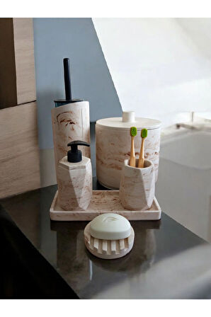 Mermer Desen Bej Çöp Kovasi,banyo Seti Tuvalet Wc Sıvı Sabunluk Diş Fırçalığı Beton Aksesuar Takım