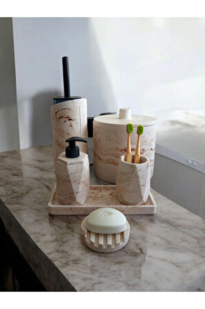 Mermer Desen Bej Çöp Kovasi,banyo Seti Tuvalet Wc Sıvı Sabunluk Diş Fırçalığı Beton Aksesuar Takım