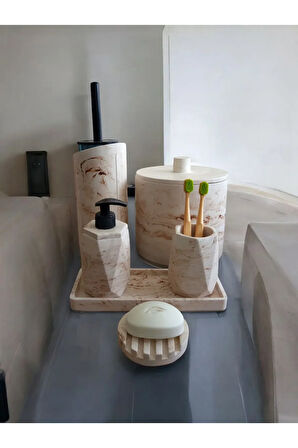 Mermer Desen Bej Çöp Kovasi,banyo Seti Tuvalet Wc Sıvı Sabunluk Diş Fırçalığı Beton Aksesuar Takım