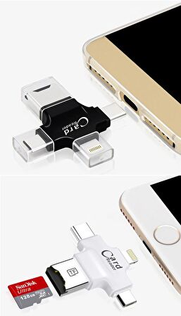 Coofbe Tüm Telefonlar İçin Kart Okuyucu 4in1 Type-C- İphone Lightning-Micro Kart Okuyucu Card Reader