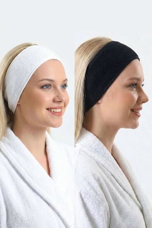 %100 Pamuk Makyaj Saç Bandı Cilt Bakımı SPA Spor Yoga İçin Cırt Cırtlı Kafa Bandı (Siyah-Beyaz)