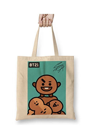 Bt21 Shooky Bts Beyaz Bez Çanta Uzun Saplı Alışveriş Çantası Plaj Çantası
