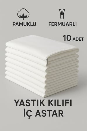 Pamuklu Fermuarlı İç Yastık Kılıfı 10'lu Set Beyaz 50x70 cm