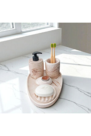 5'lİ Mermer Desenli Beton Banyo Seti , Sıvı Sabunluk Diş Fırçalığı Aksesuar