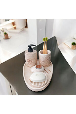 5'lİ Mermer Desenli Beton Banyo Seti , Sıvı Sabunluk Diş Fırçalığı Aksesuar