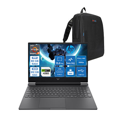 Hp Victus W15FB3006NT Ryzen 9 8945HS Aı 80GB Ddr5 512GB SSD 8GB/RTX4060 300NITS 15.6" Fhd IPS 144Hz Freedos Gaming Taşınabilir Bilgisayar WB82WCEAF22+ZETTAÇANTA