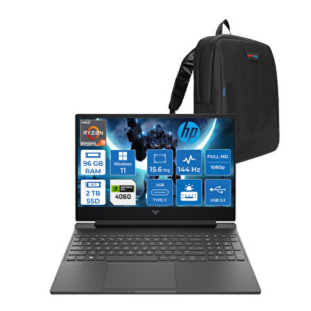Hp Victus W15FB3006NT Ryzen 9 8945HS Aı 96GB Ddr5 2tb SSD 8GB/RTX4060 300NITS 15.6" Fhd IPS 144Hz WIN11HOME Gaming Taşınabilir Bilgisayar WB82WCEAH29+ZETTAÇANTA