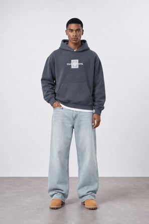 Erkek Sky Patch Detaylı Oversize Hoodie Füme