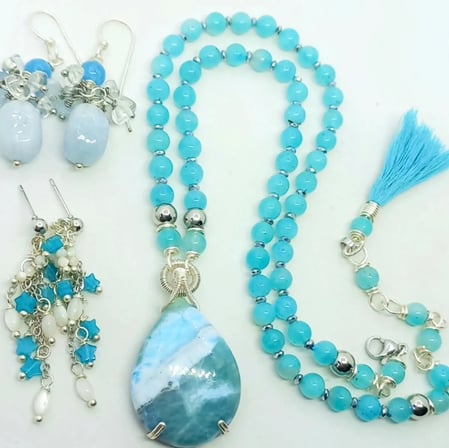 2899 Larimar Amazonit Hematit el yapımı kolye