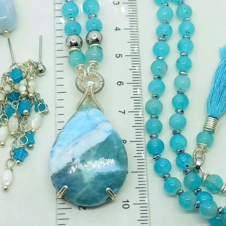 2899 Larimar Amazonit Hematit el yapımı kolye