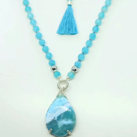 2899 Larimar Amazonit Hematit el yapımı kolye