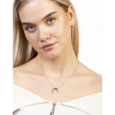 Multi Renk Zirkon Taşlı Hilal Tasarım 925 Ayar Gümüş Kadın Kolye