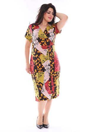 Kruvaze Yaka Desenli Büyük Beden Elbise 28C-0969