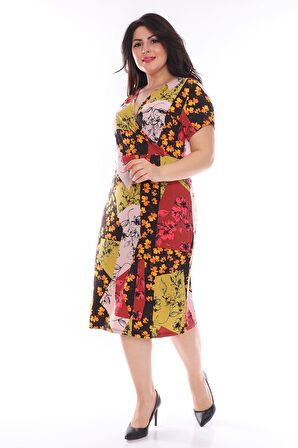 Kruvaze Yaka Desenli Büyük Beden Elbise 28C-0969