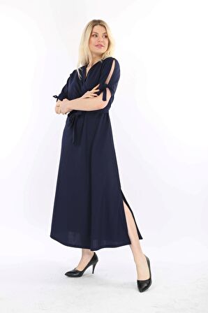 Büyük Beden Uzun Yırtmaçlı Kruvaze Yaka Elbise 28C-2133