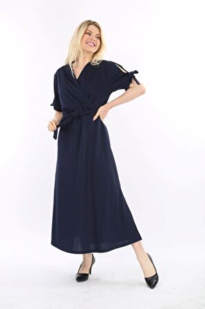 Büyük Beden Uzun Yırtmaçlı Kruvaze Yaka Elbise 28C-2133