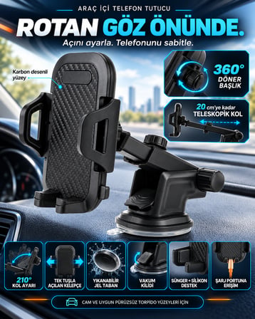 Dexxony HP-A15 Vantuzlu Teleskopik Araç İçi Telefon Tutucu 360 Derece Döner Başlık