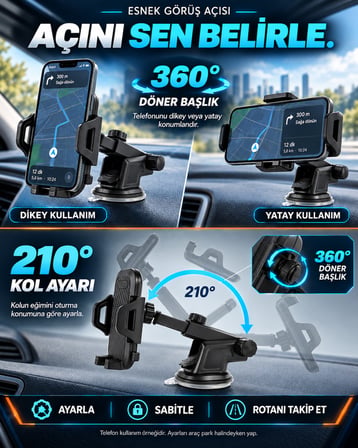 Dexxony HP-A15 Vantuzlu Teleskopik Araç İçi Telefon Tutucu 360 Derece Döner Başlık