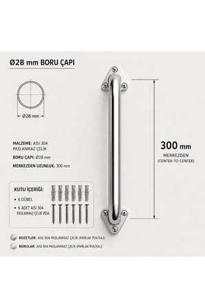 Çap 28 Yaşlı Hasta Engelli Paslanmaz Çelik Tuvalet Tutunma Barı 30cm