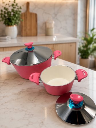 2'Lİ Döküm Seramik 18 CM+24 CM Çelik Kapaklı Derin Tencere Seti-PEMBE