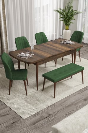 Rio Serisi 80x132 Açılabilir Mdf Mutfak Masası Takımı Barok Desen Masa 4 Haki Yeşil Sandalye 1 Bench