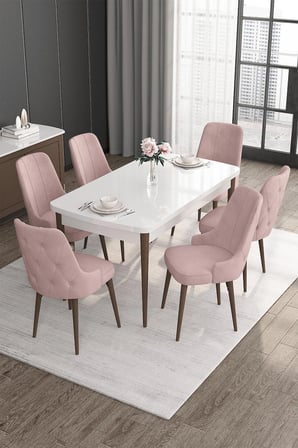 Roy Serisi 80x132 Mdf Beyaz Masa Ceviz Ayak Masa Takımı 6 Pembe Sandalye