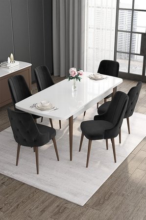 Roy Serisi 80x132 Mdf Beyaz Masa Ceviz Ayak Masa Takımı 6 Siyah Sandalye