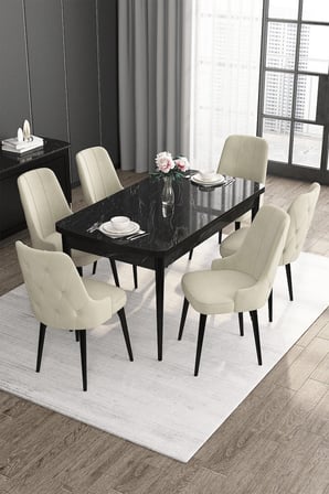 Roy Serisi 80x132 Mdf Siyah Mermer Desen Masa 6 Krem Sandalye Mutfak Masası Takımı
