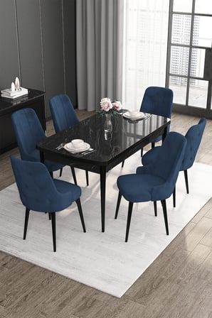 Roy Serisi 80x132 Mdf Siyah Mermer Desen Masa Takımı Ve 6 Lacivert Sandalye